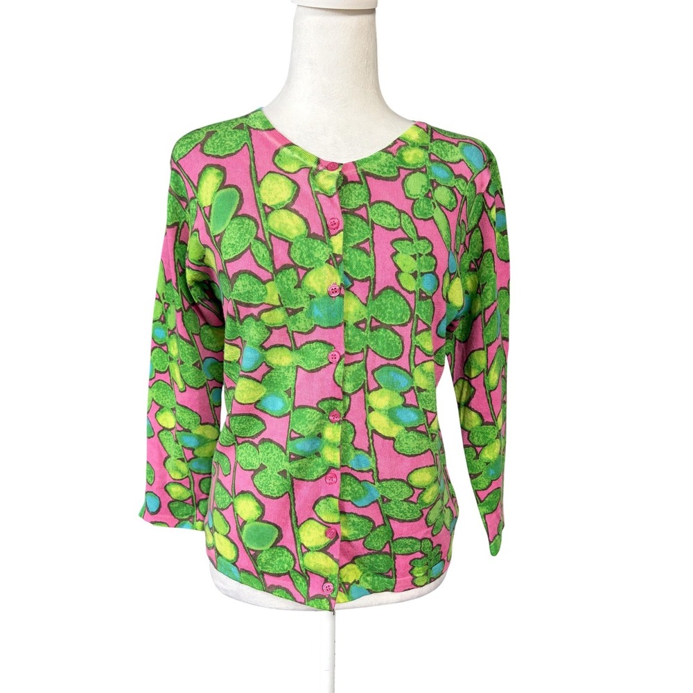 Garnet Hill Cardigan Sweater Womens S Pink Green Floral 100% Merino Wool Knit